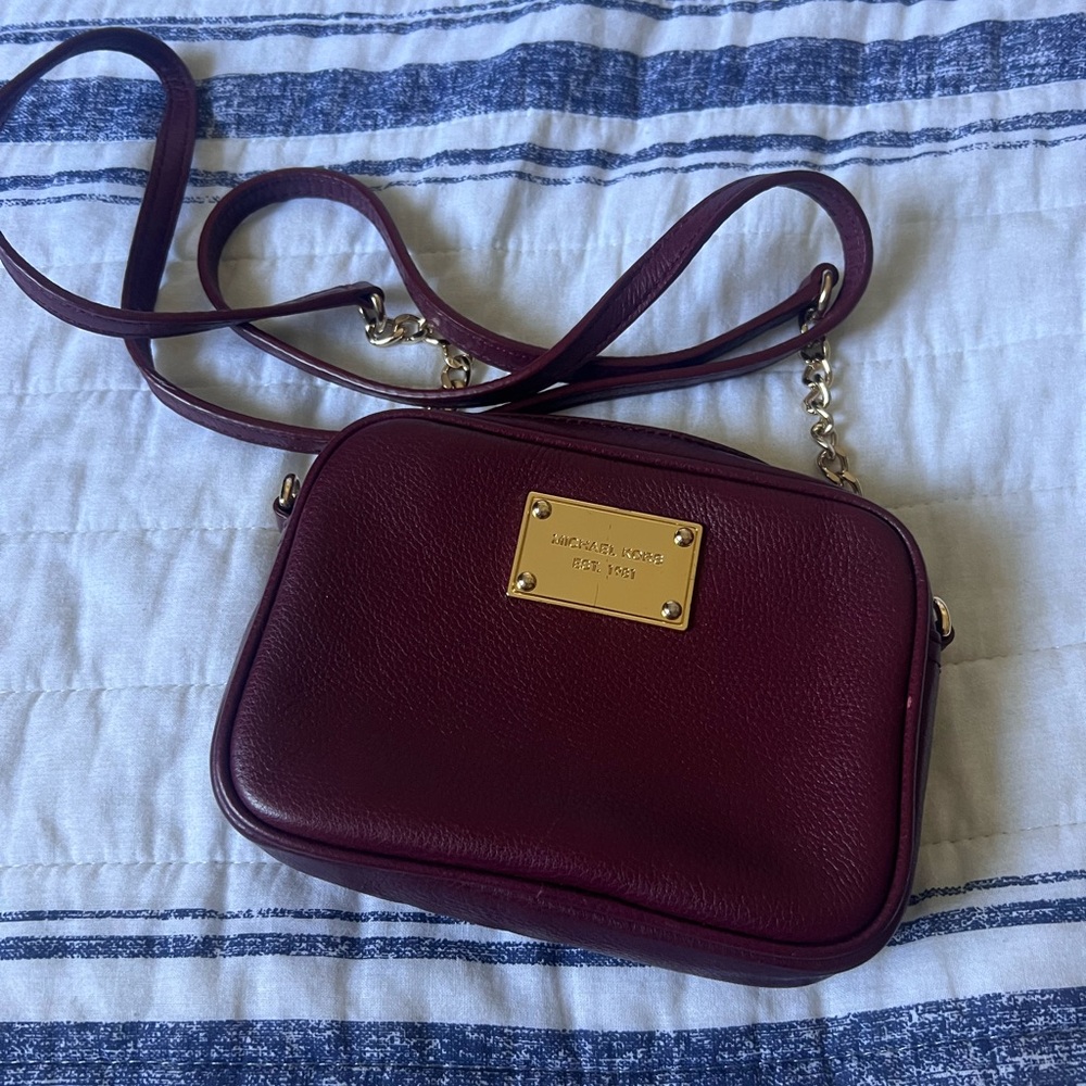 Michael Kors Burgundy Leather Crossbody Bag with Gold Accents